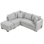 Canapé-lit d'angle 3-4 places beige/gris, avec ports USB et pouf de rangement