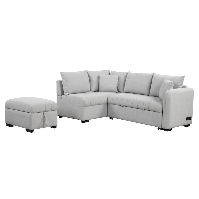 Canapé-lit d'angle 3-4 places beige/gris, avec ports USB et pouf de rangement