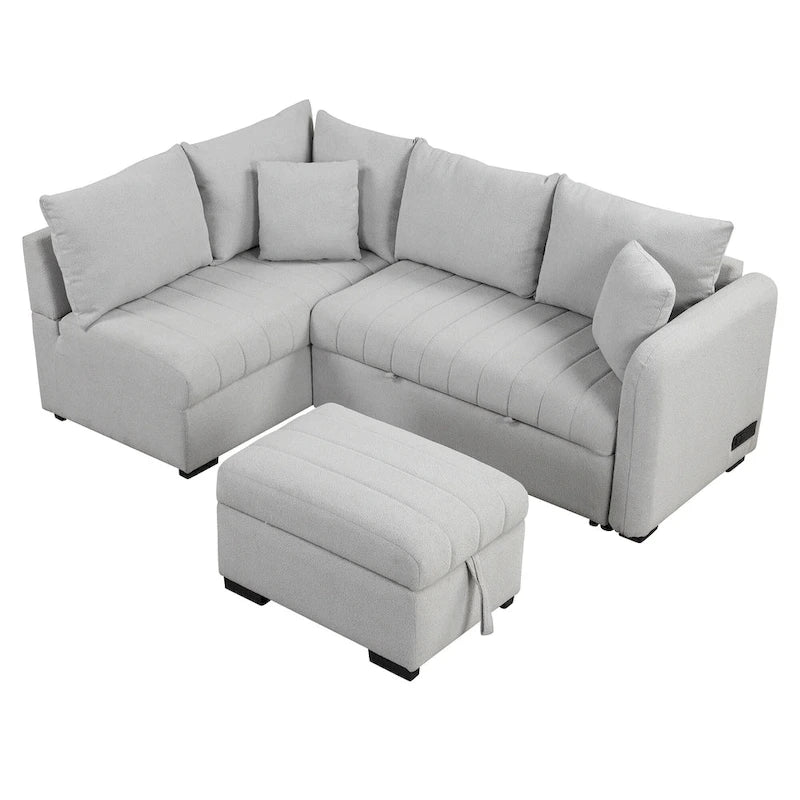 Canapé-lit d'angle 3-4 places beige/gris, avec ports USB et pouf de rangement