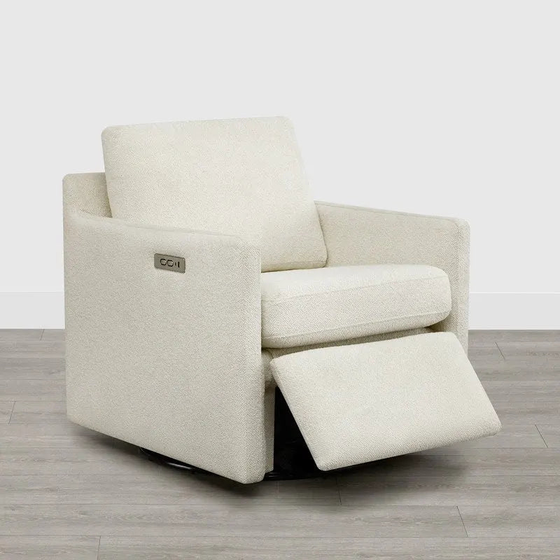 Fauteuil pivotant en tissu beige/gris/crème avec repose-pieds électrique inclinable, une place