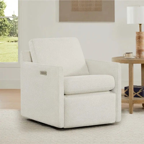 Fauteuil pivotant en tissu beige/gris/crème avec repose-pieds électrique inclinable, une place