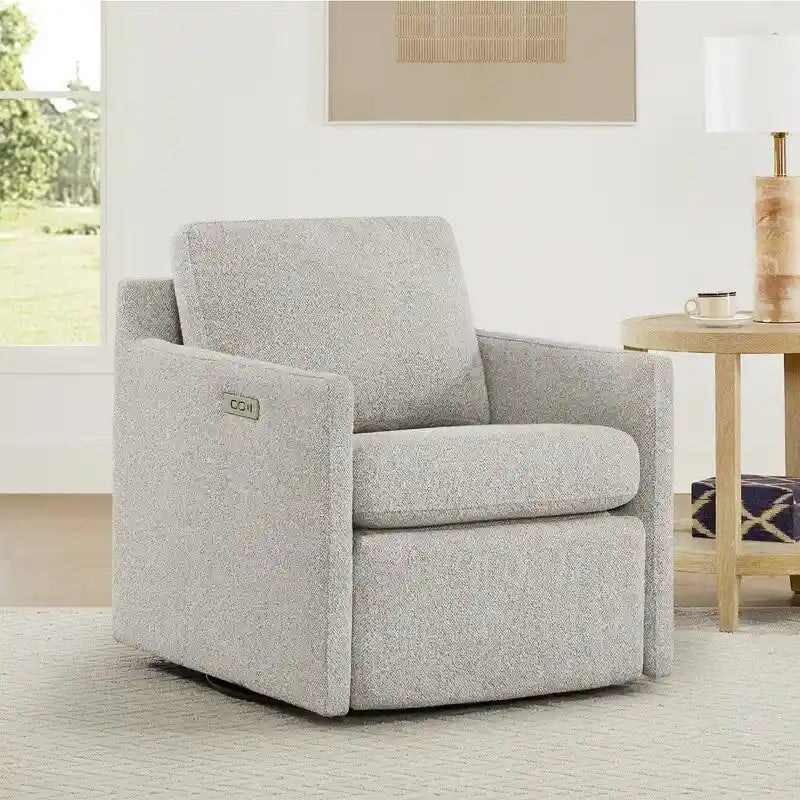 Fauteuil pivotant en tissu beige/gris/crème avec repose-pieds électrique inclinable, une place