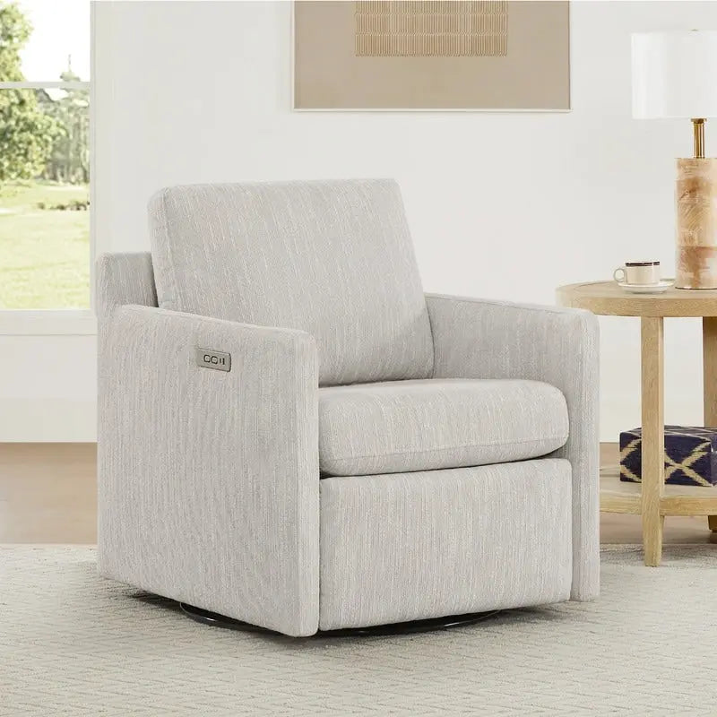 Fauteuil pivotant en tissu beige/gris/crème avec repose-pieds électrique inclinable, une place