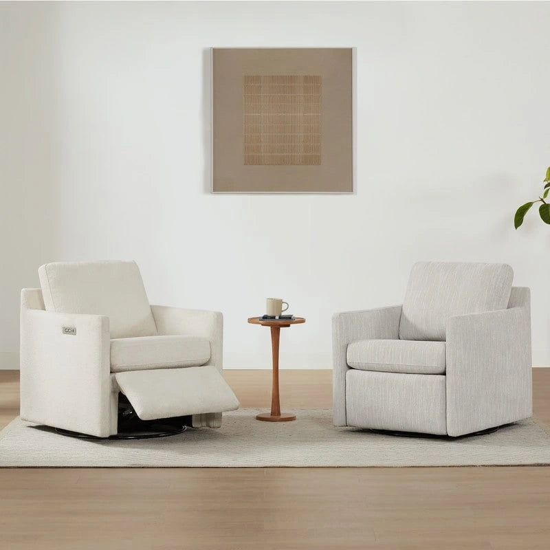 Fauteuil pivotant en tissu beige/gris/crème avec repose-pieds électrique inclinable, une place
