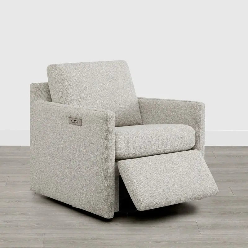 Fauteuil pivotant en tissu beige/gris/crème avec repose-pieds électrique inclinable, une place