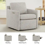Fauteuil pivotant en tissu beige/gris/crème avec repose-pieds électrique inclinable, une place