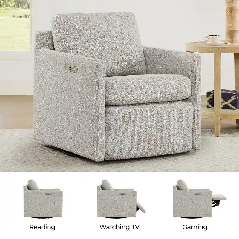 Fauteuil pivotant en tissu beige/gris/crème avec repose-pieds électrique inclinable, une place