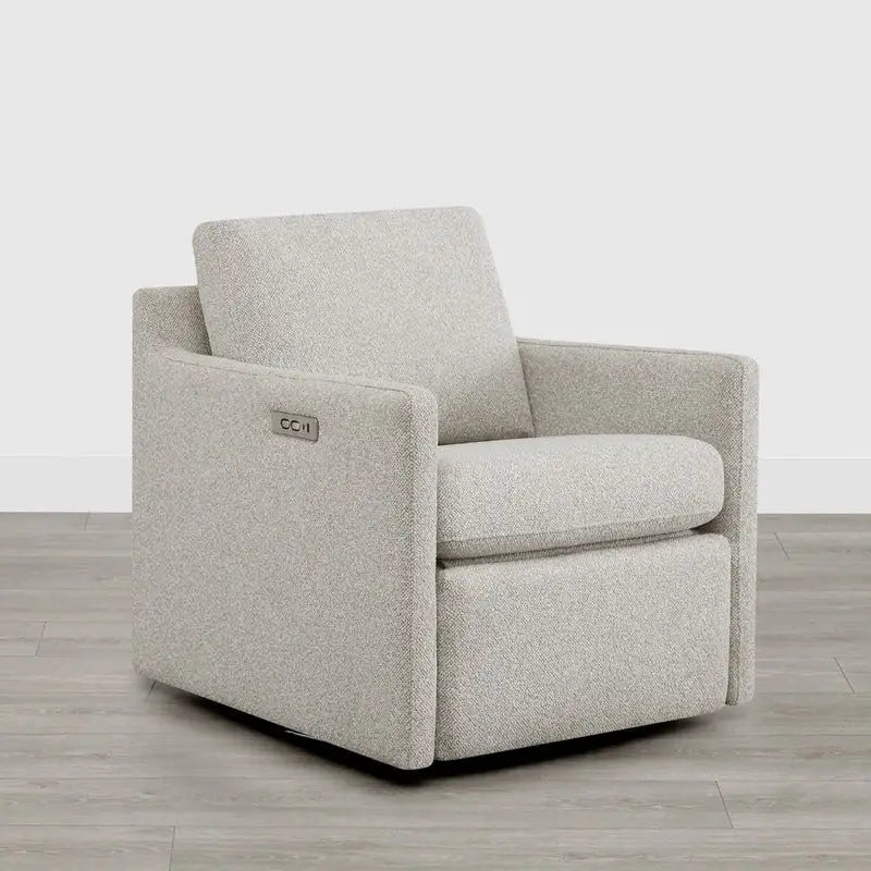 Fauteuil pivotant en tissu beige/gris/crème avec repose-pieds électrique inclinable, une place