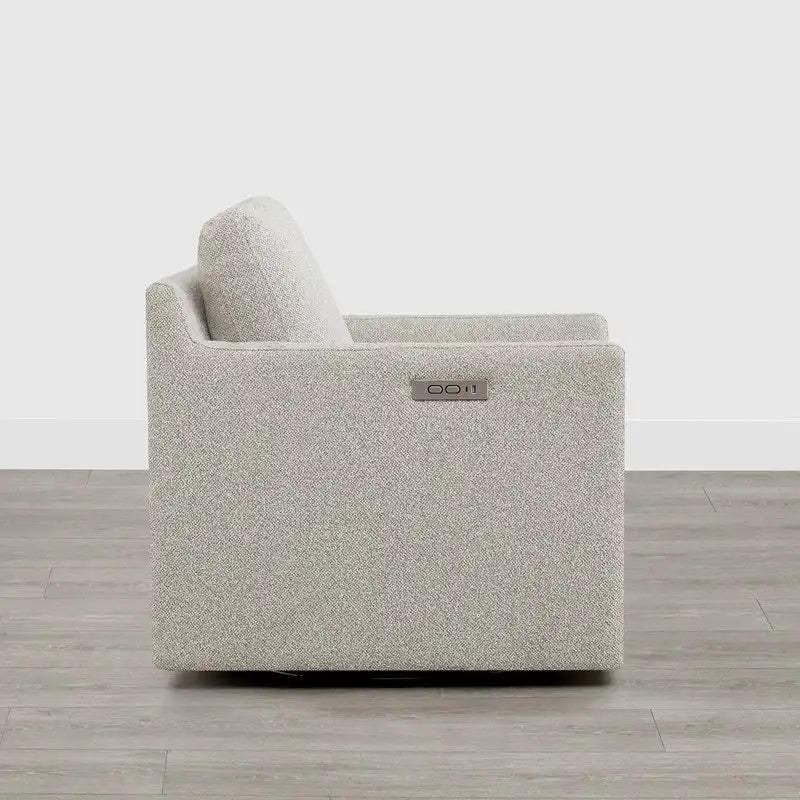 Fauteuil pivotant en tissu beige/gris/crème avec repose-pieds électrique inclinable, une place
