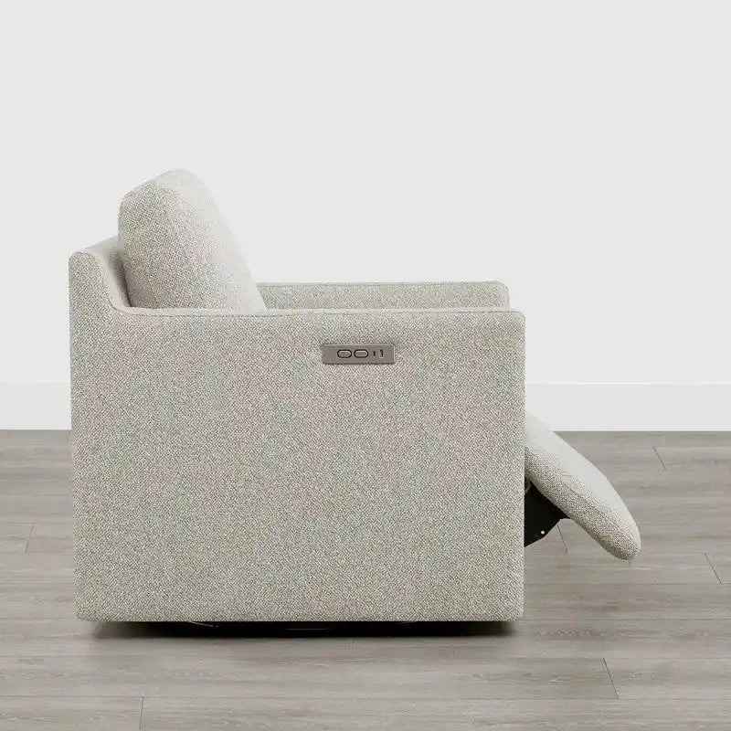 Fauteuil pivotant en tissu beige/gris/crème avec repose-pieds électrique inclinable, une place