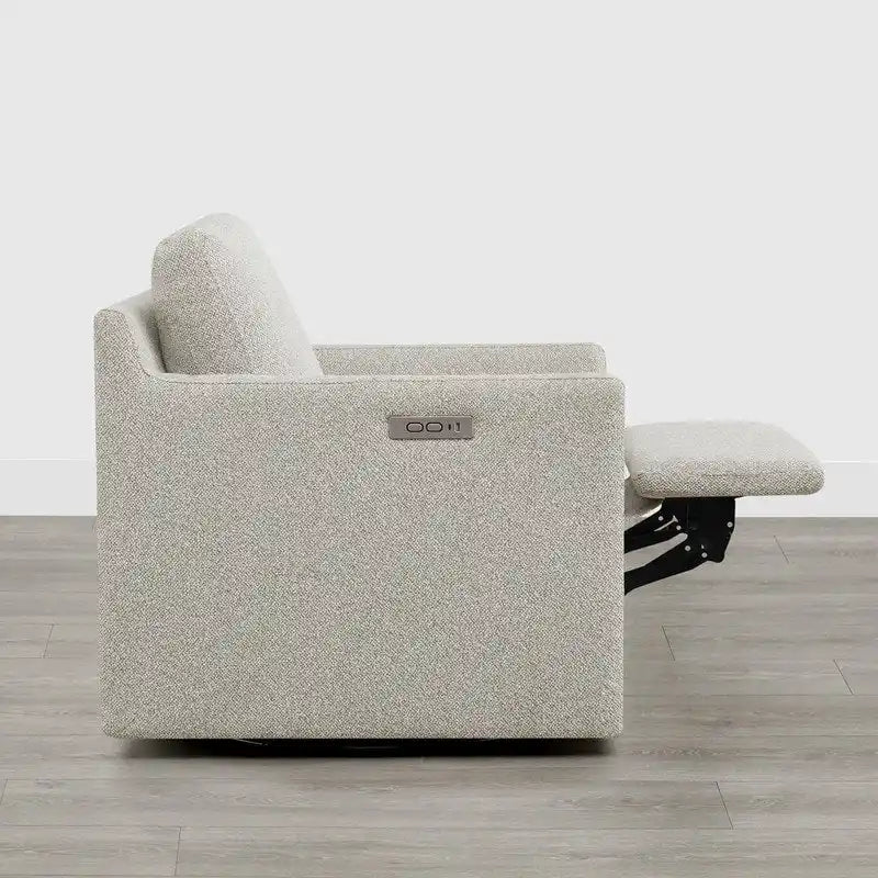 Fauteuil pivotant en tissu beige/gris/crème avec repose-pieds électrique inclinable, une place