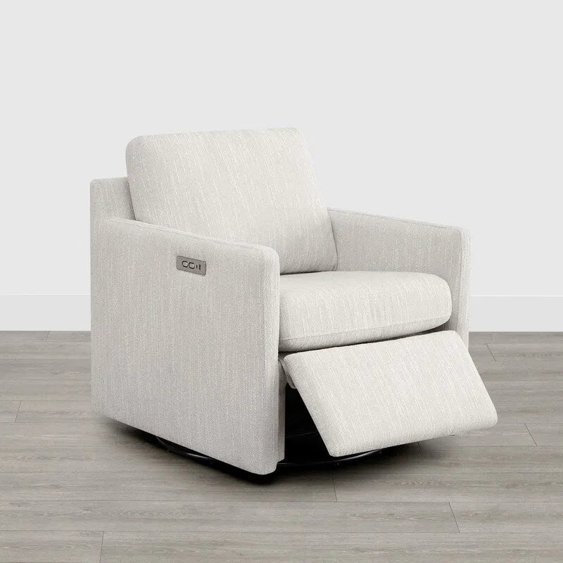Fauteuil pivotant en tissu beige/gris/crème avec repose-pieds électrique inclinable, une place