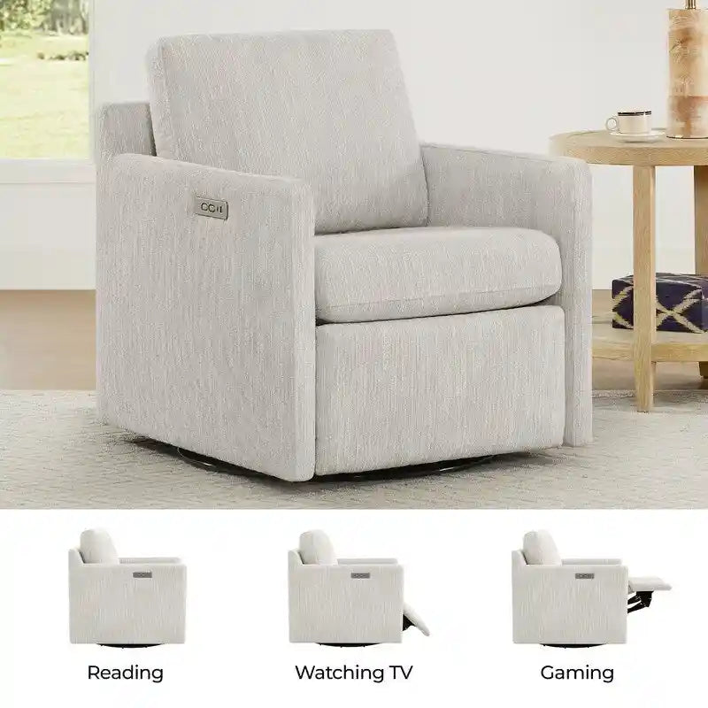 Fauteuil pivotant en tissu beige/gris/crème avec repose-pieds électrique inclinable, une place