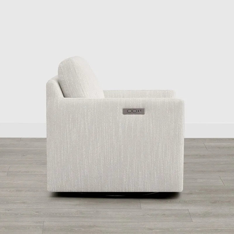 Fauteuil pivotant en tissu beige/gris/crème avec repose-pieds électrique inclinable, une place