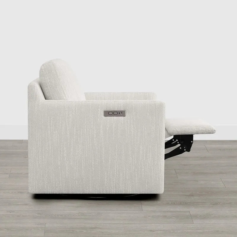 Fauteuil pivotant en tissu beige/gris/crème avec repose-pieds électrique inclinable, une place