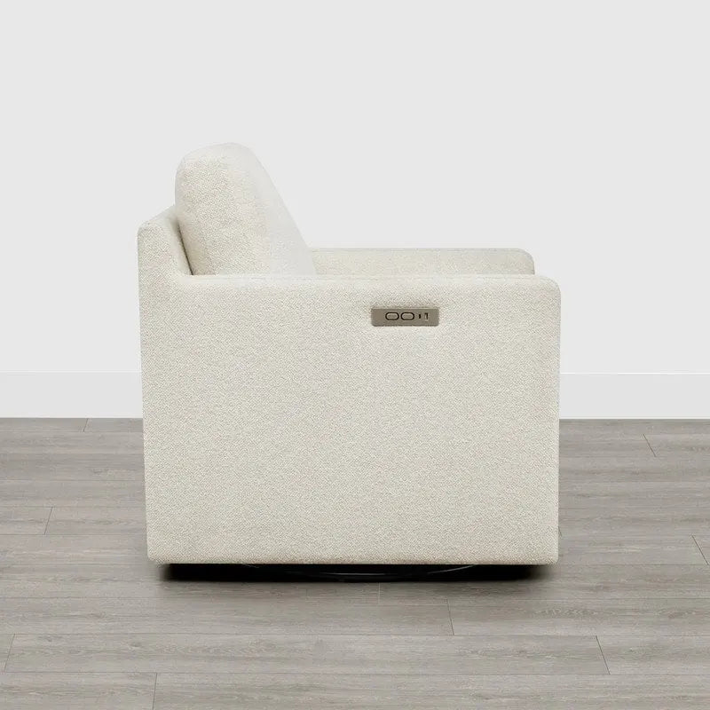 Fauteuil pivotant en tissu beige/gris/crème avec repose-pieds électrique inclinable, une place