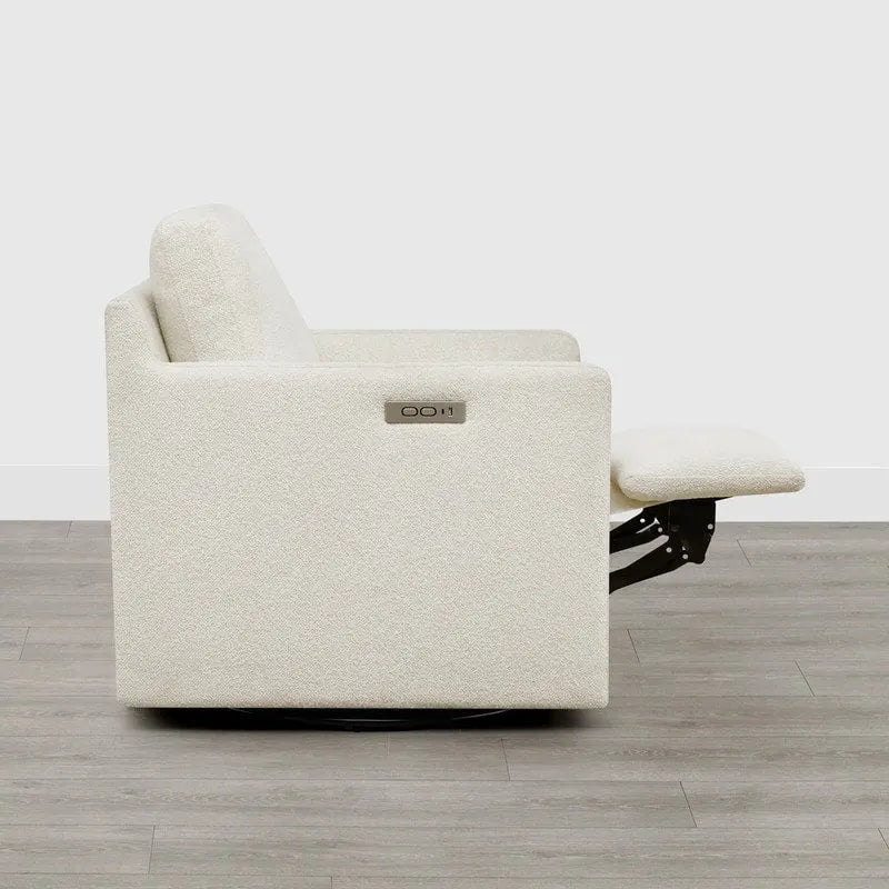 Fauteuil pivotant en tissu beige/gris/crème avec repose-pieds électrique inclinable, une place