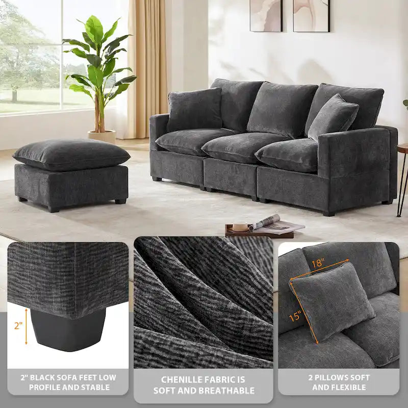 Canapé d'angle en chenille noir, 4 places