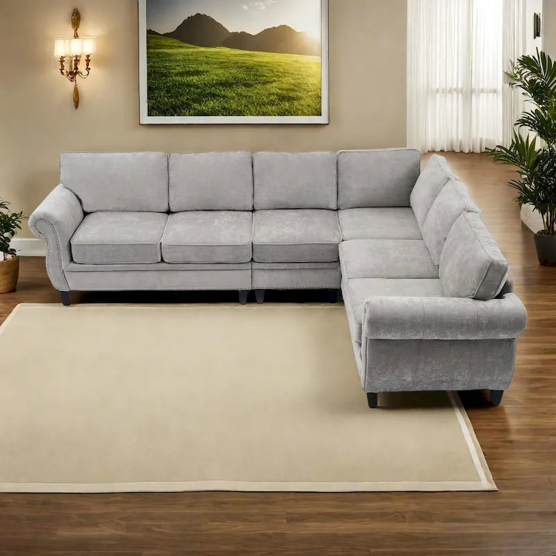 Canapé modulaire sectionnel en L gris clair, en chenille, 6 places