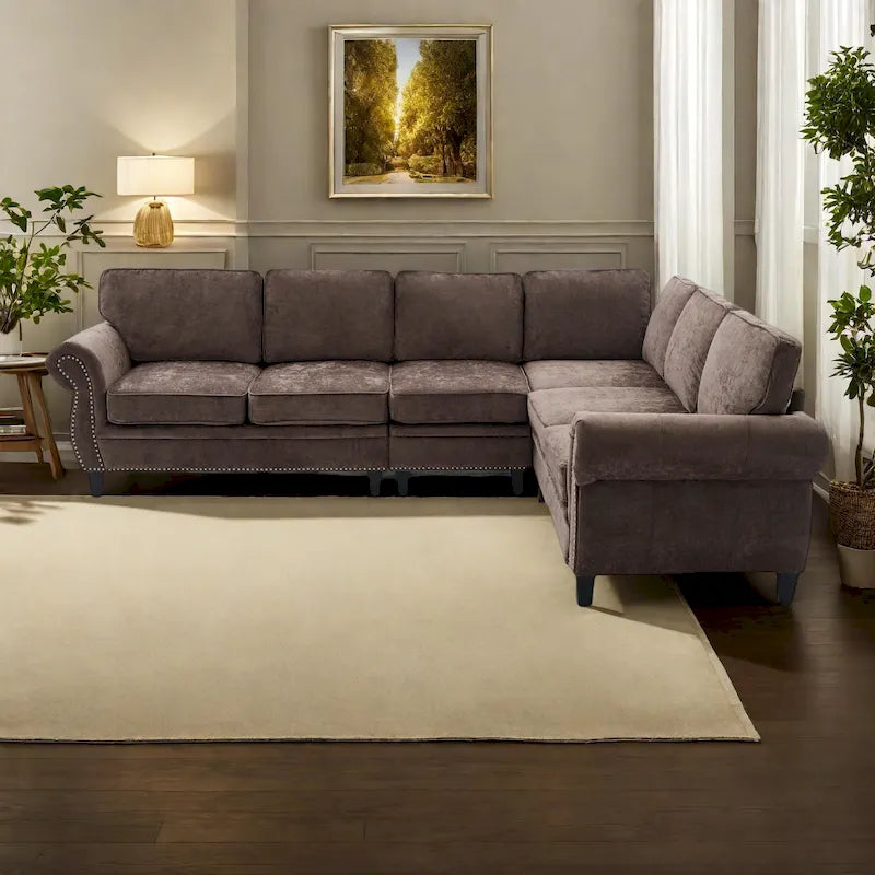 Canapé modulaire sectionnel en L gris clair, en chenille, 6 places