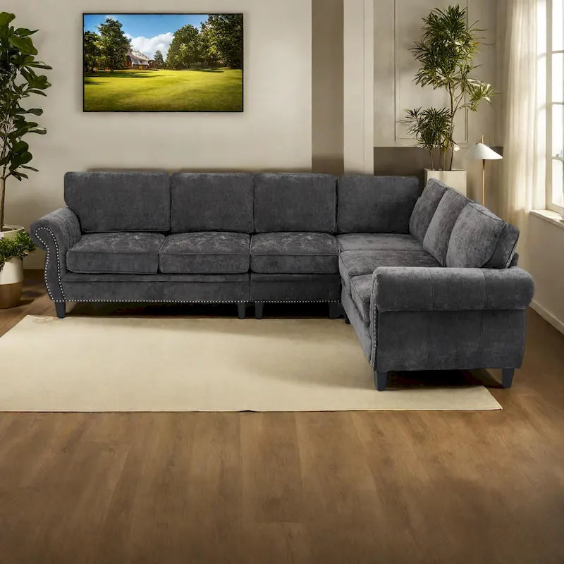 Canapé modulaire sectionnel en L gris clair, en chenille, 6 places