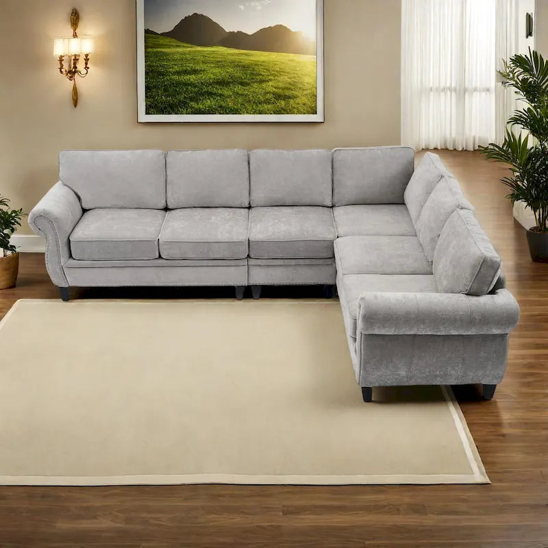 Canapé modulaire sectionnel en L gris clair, en chenille, 6 places