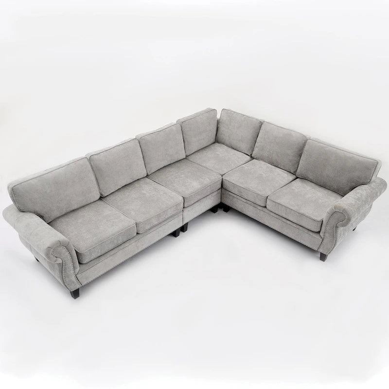 Canapé modulaire sectionnel en L gris clair, en chenille, 6 places
