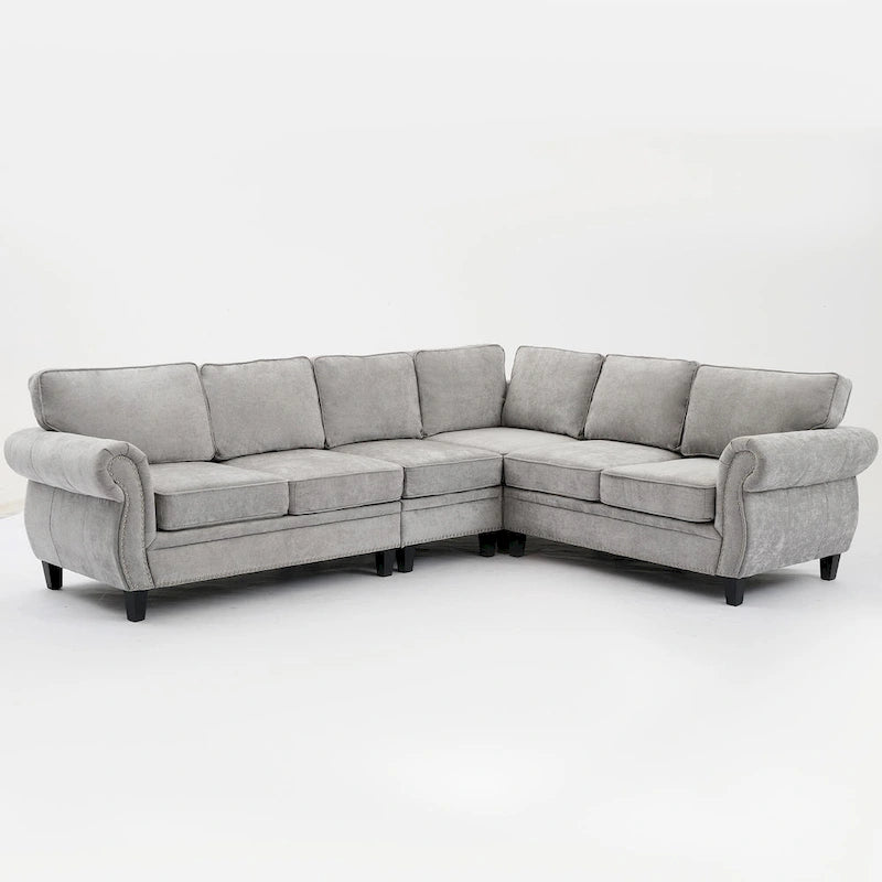 Canapé modulaire sectionnel en L gris clair, en chenille, 6 places