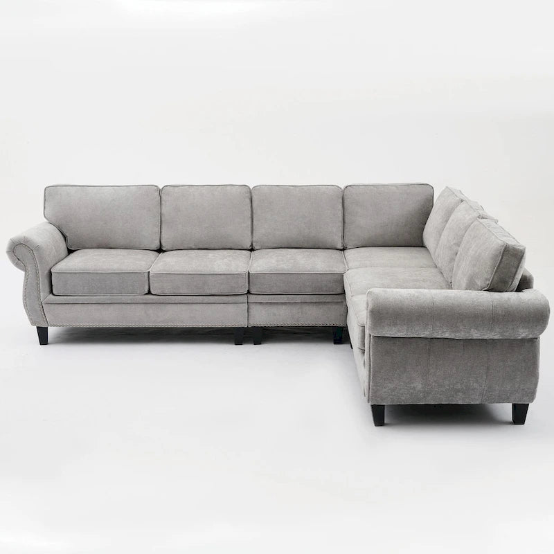 Canapé modulaire sectionnel en L gris clair, en chenille, 6 places