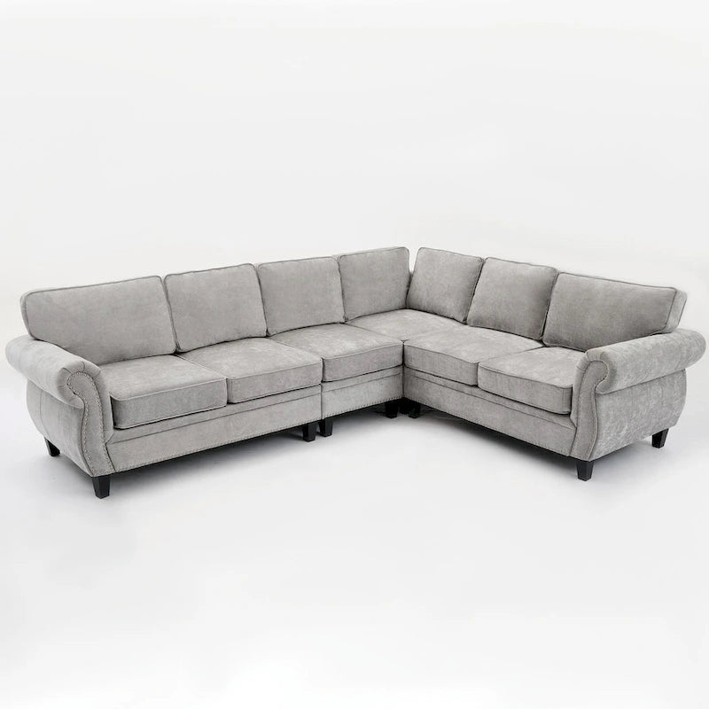 Canapé modulaire sectionnel en L gris clair, en chenille, 6 places