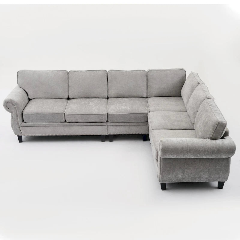 Canapé modulaire sectionnel en L gris clair, en chenille, 6 places