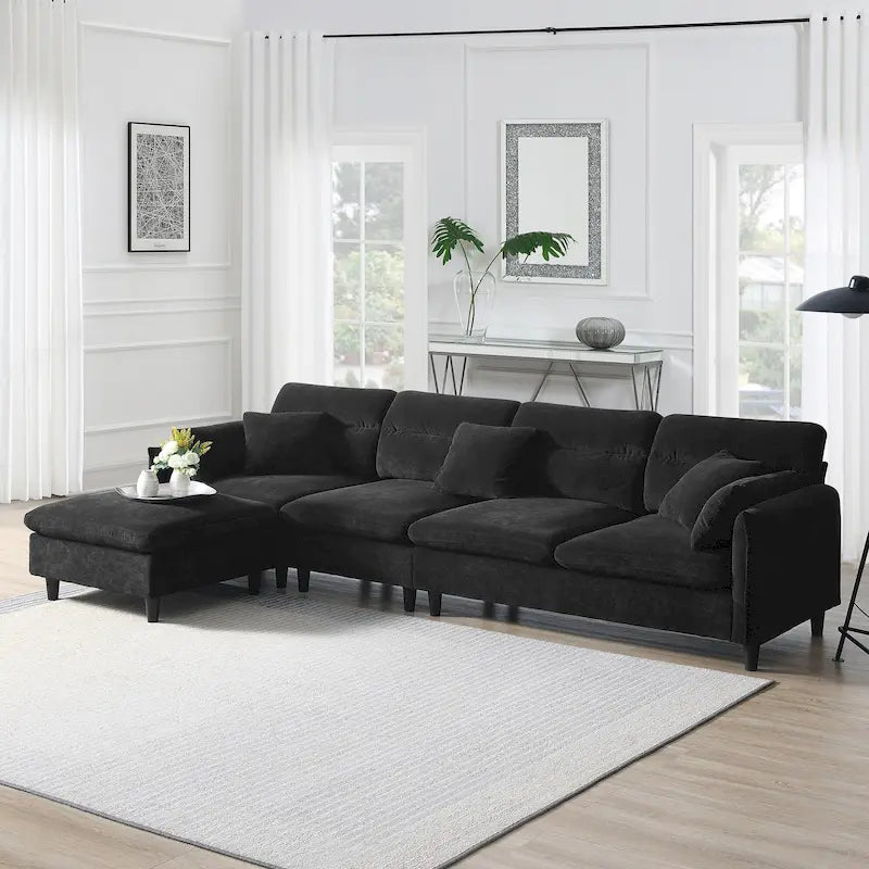 Canapé d'angle en L noir/gris/beige avec pouf, 4 places