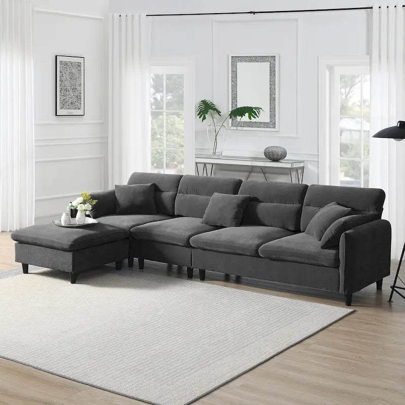 Canapé d'angle en L noir/gris/beige avec pouf, 4 places