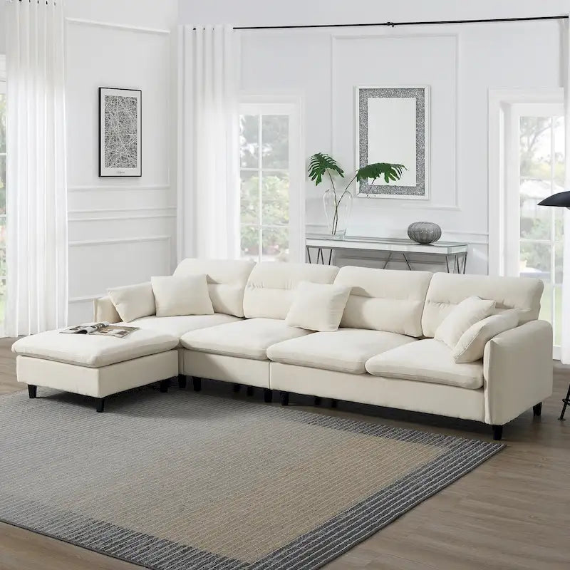 Canapé d'angle en L noir/gris/beige avec pouf, 4 places