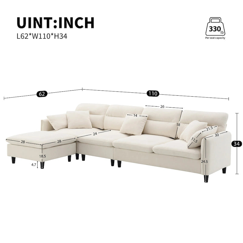 Canapé d'angle en L noir/gris/beige avec pouf, 4 places