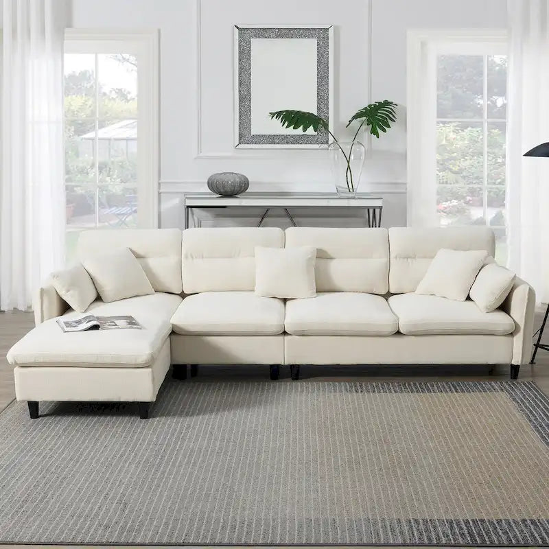Canapé d'angle en L noir/gris/beige avec pouf, 4 places