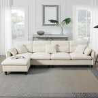 Canapé d'angle en L noir/gris/beige avec pouf, 4 places