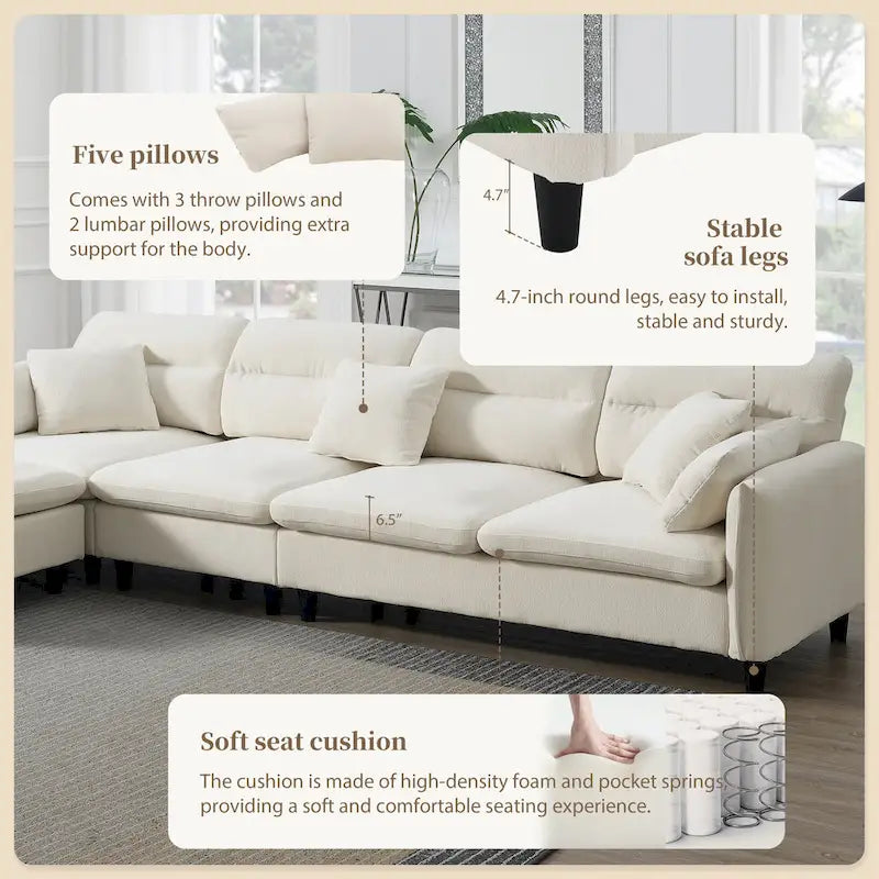 Canapé d'angle en L noir/gris/beige avec pouf, 4 places