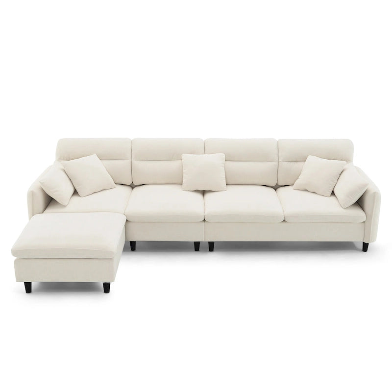 Canapé d'angle en L noir/gris/beige avec pouf, 4 places