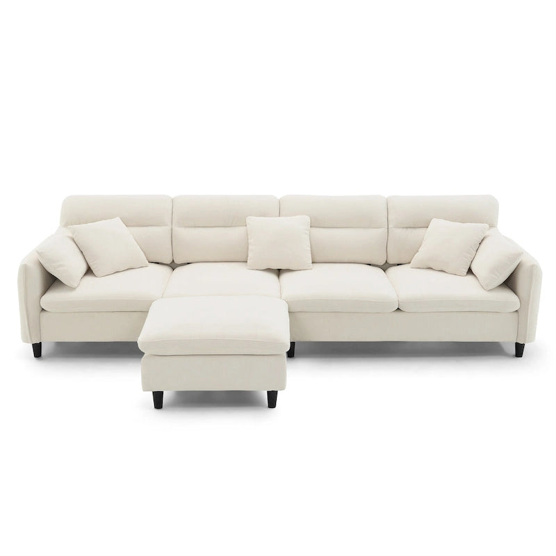 Canapé d'angle en L noir/gris/beige avec pouf, 4 places