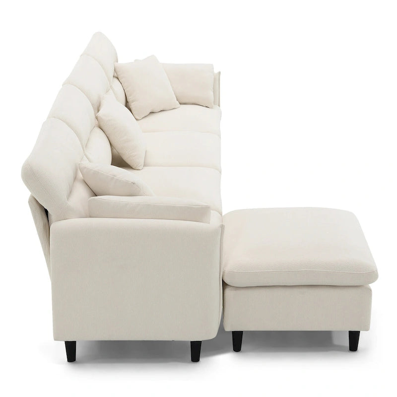 Canapé d'angle en L noir/gris/beige avec pouf, 4 places