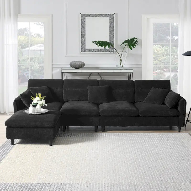 Canapé d'angle en L noir/gris/beige avec pouf, 4 places