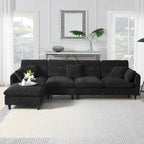 Canapé d'angle en L noir/gris/beige avec pouf, 4 places