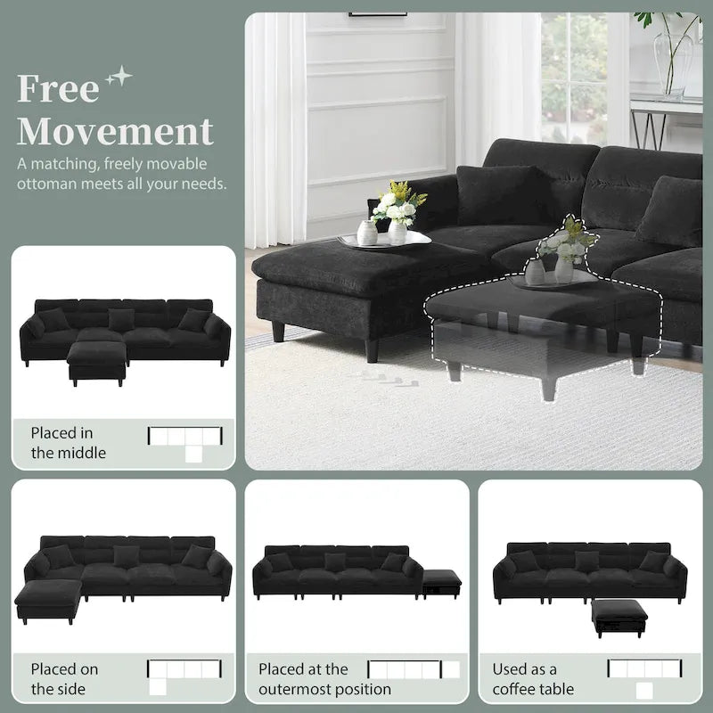 Canapé d'angle en L noir/gris/beige avec pouf, 4 places
