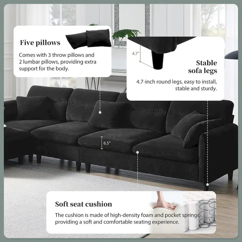 Canapé d'angle en L noir/gris/beige avec pouf, 4 places