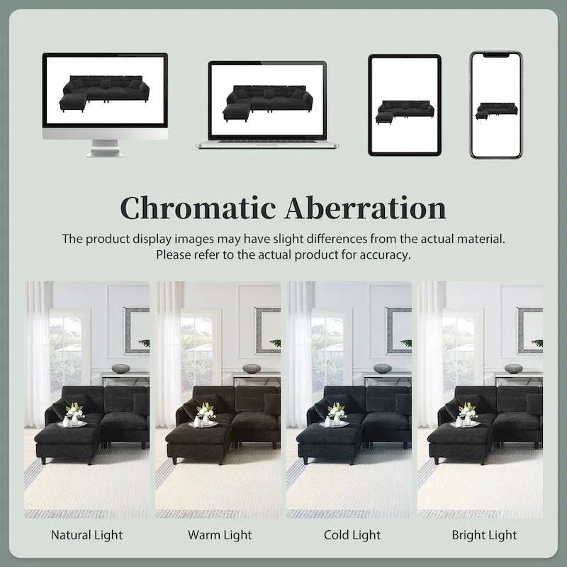 Canapé d'angle en L noir/gris/beige avec pouf, 4 places
