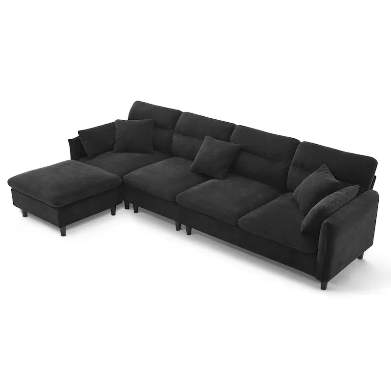 Canapé d'angle en L noir/gris/beige avec pouf, 4 places