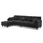 Canapé d'angle en L noir/gris/beige avec pouf, 4 places