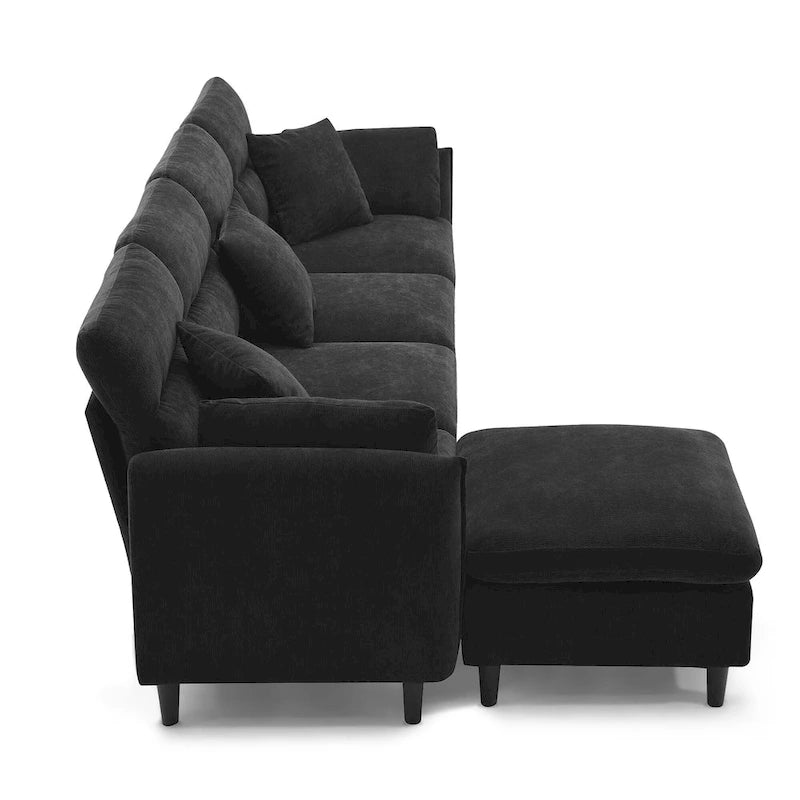 Canapé d'angle en L noir/gris/beige avec pouf, 4 places