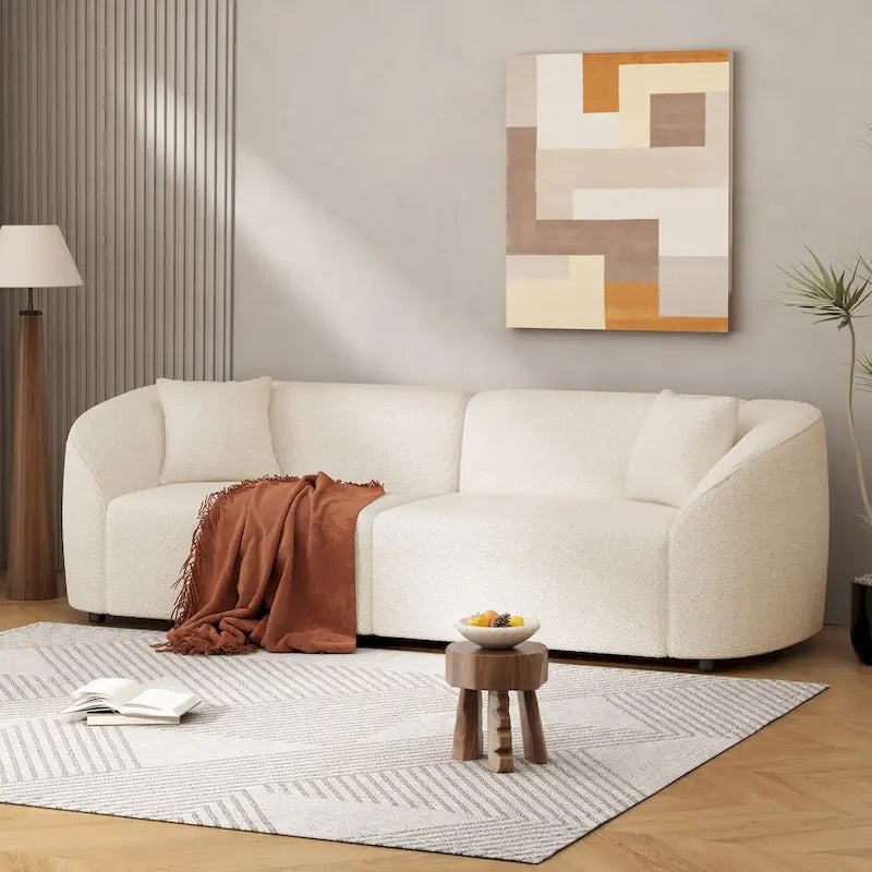 Canapé incurvé 3 places en tissu bouclé orange/beige
